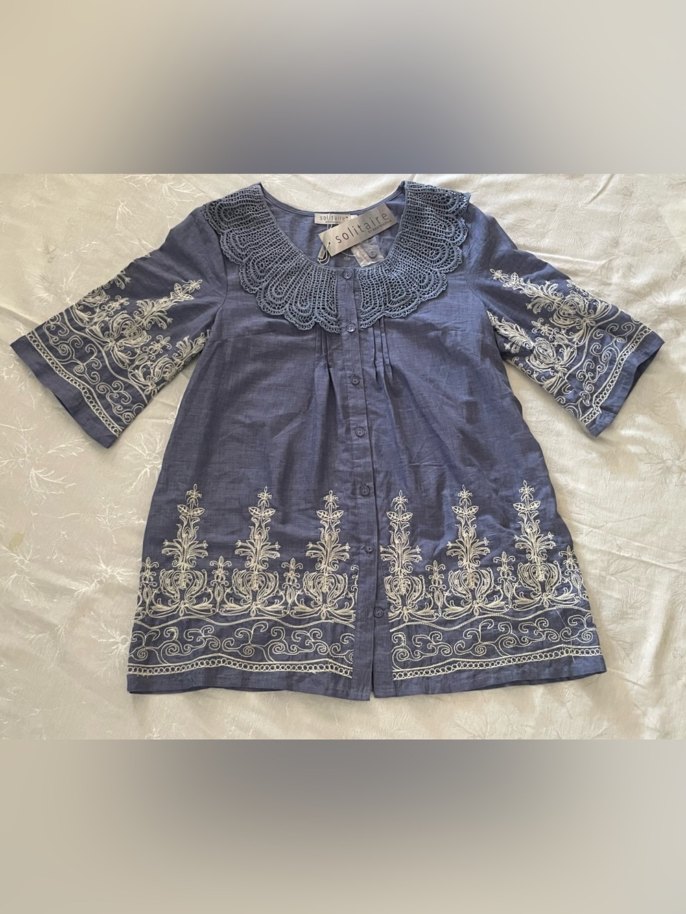 Gorgeous Solitaire Embroidered Blue Crochet-Accented Tunic Top Ravi Khosla